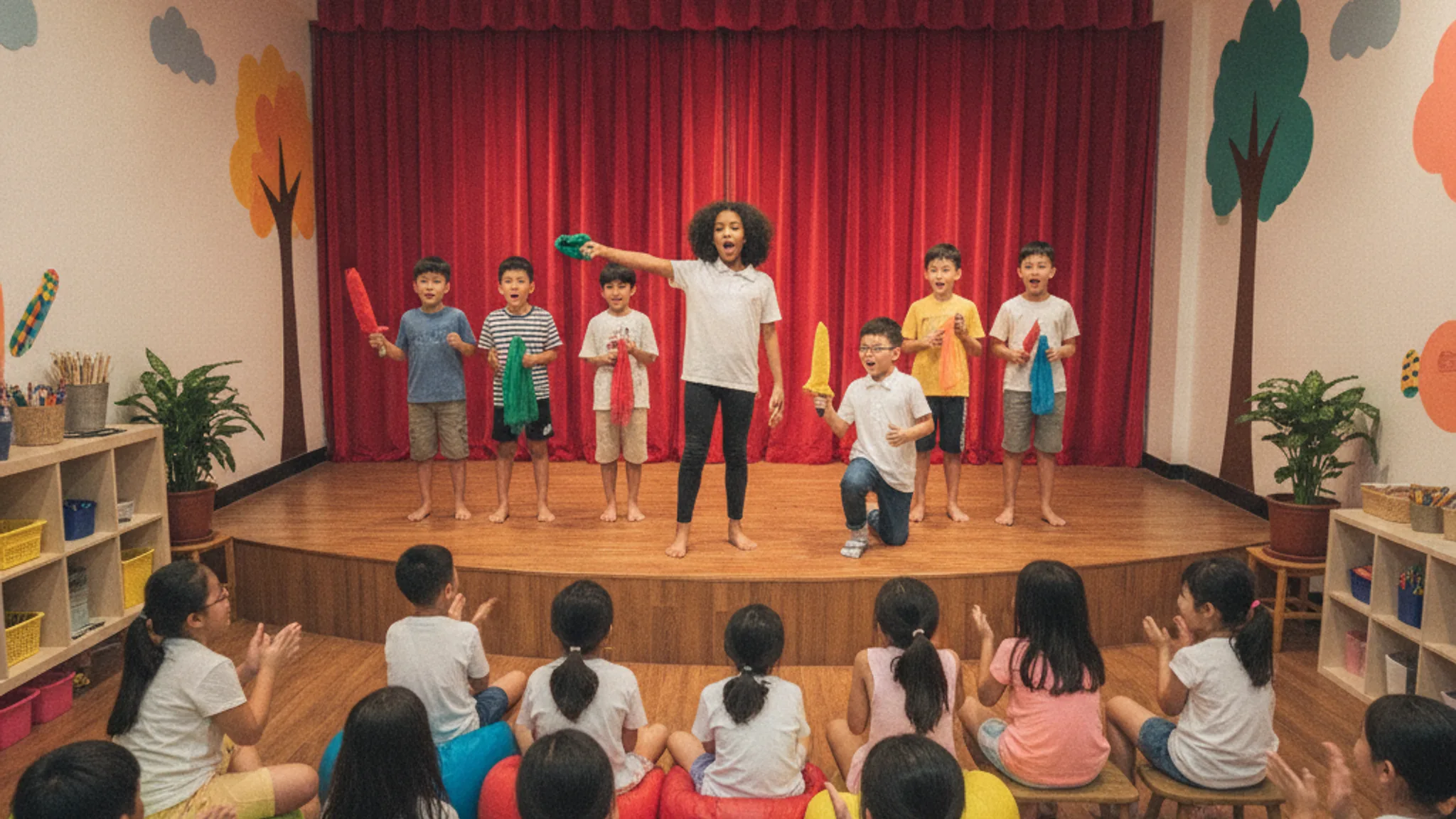Diverse children performing confidently on a small stage at a speech and drama enrichment studio in Singapore