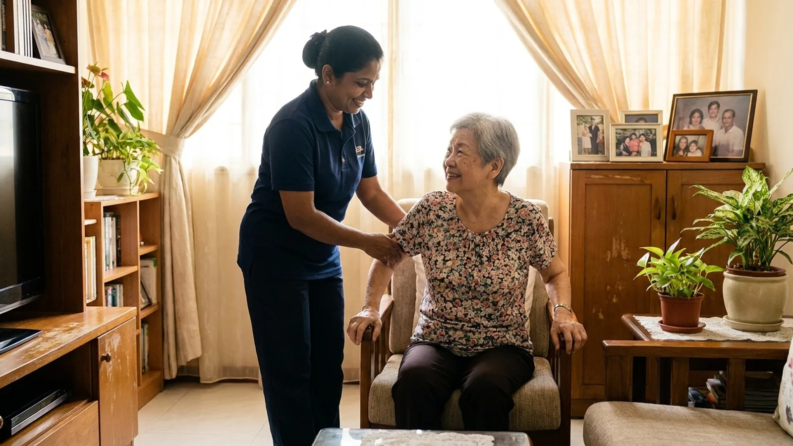 A caring Sri Lankan domestic helper assisting an elderly resident in a bright modern Singapore home, representing the best Sri Lankan maid agencies in Singapore