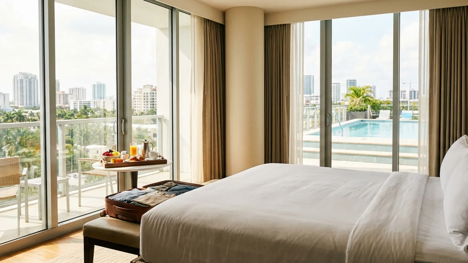 A bright hotel room at midday with floor-to-ceiling windows over a city skyline and a rooftop pool below