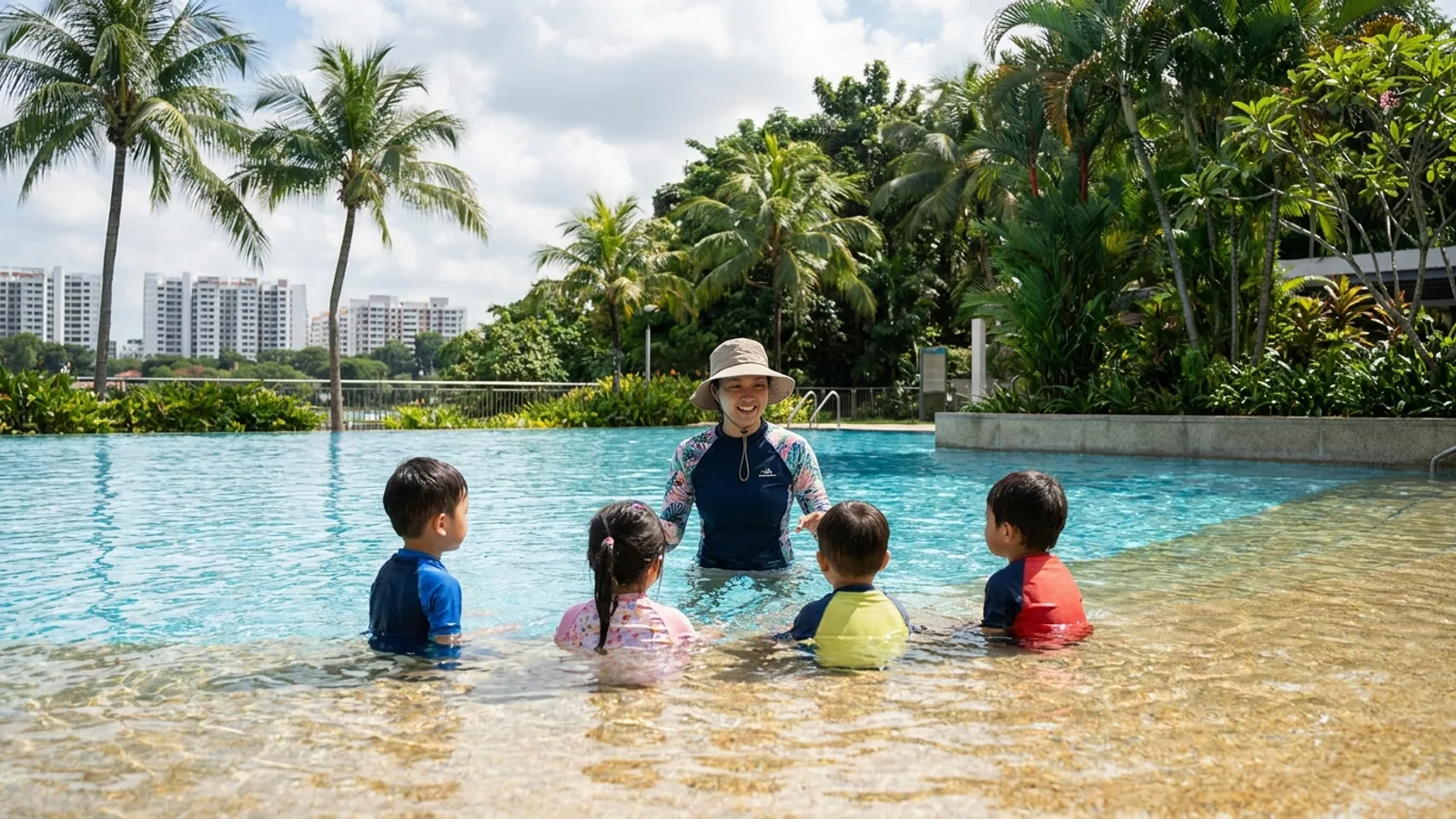 A swimming coach teaching a small group of learners in a clear blue pool in Singapore during a swim lesson