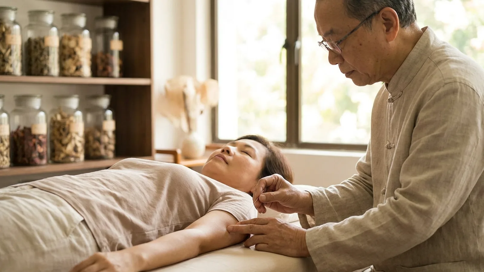 A TCM physician performing acupuncture on a patient in a clean, calm traditional Chinese medicine clinic in Singapore