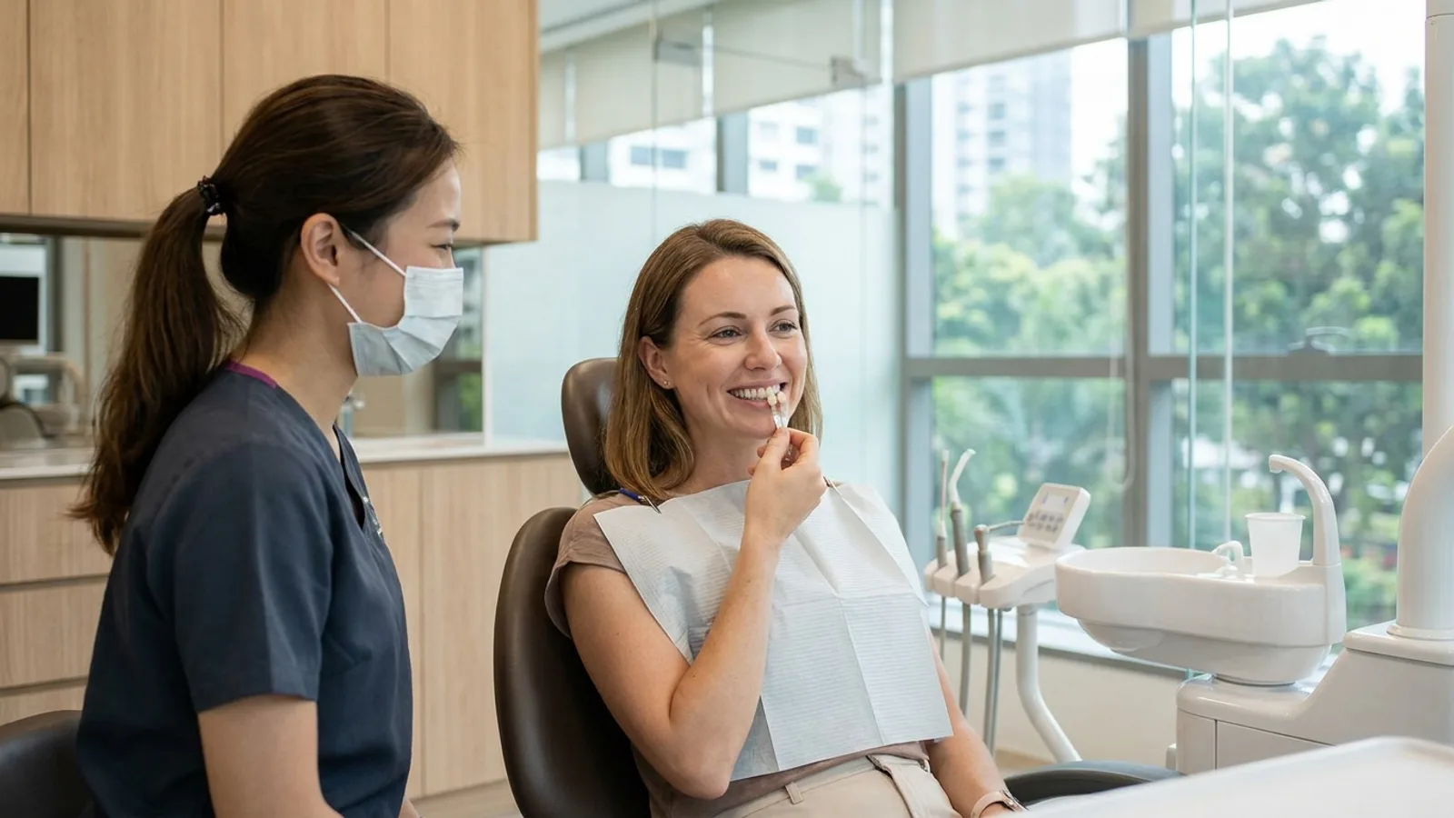 Bright smile and dental whitening shade guide representing the best teeth whitening clinics in Singapore