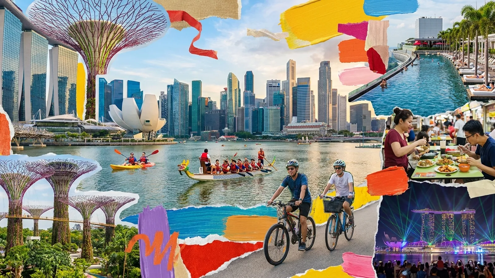 A vibrant view of fun things to do in Singapore, the Marina Bay skyline with people enjoying activities in a colourful, energetic scene