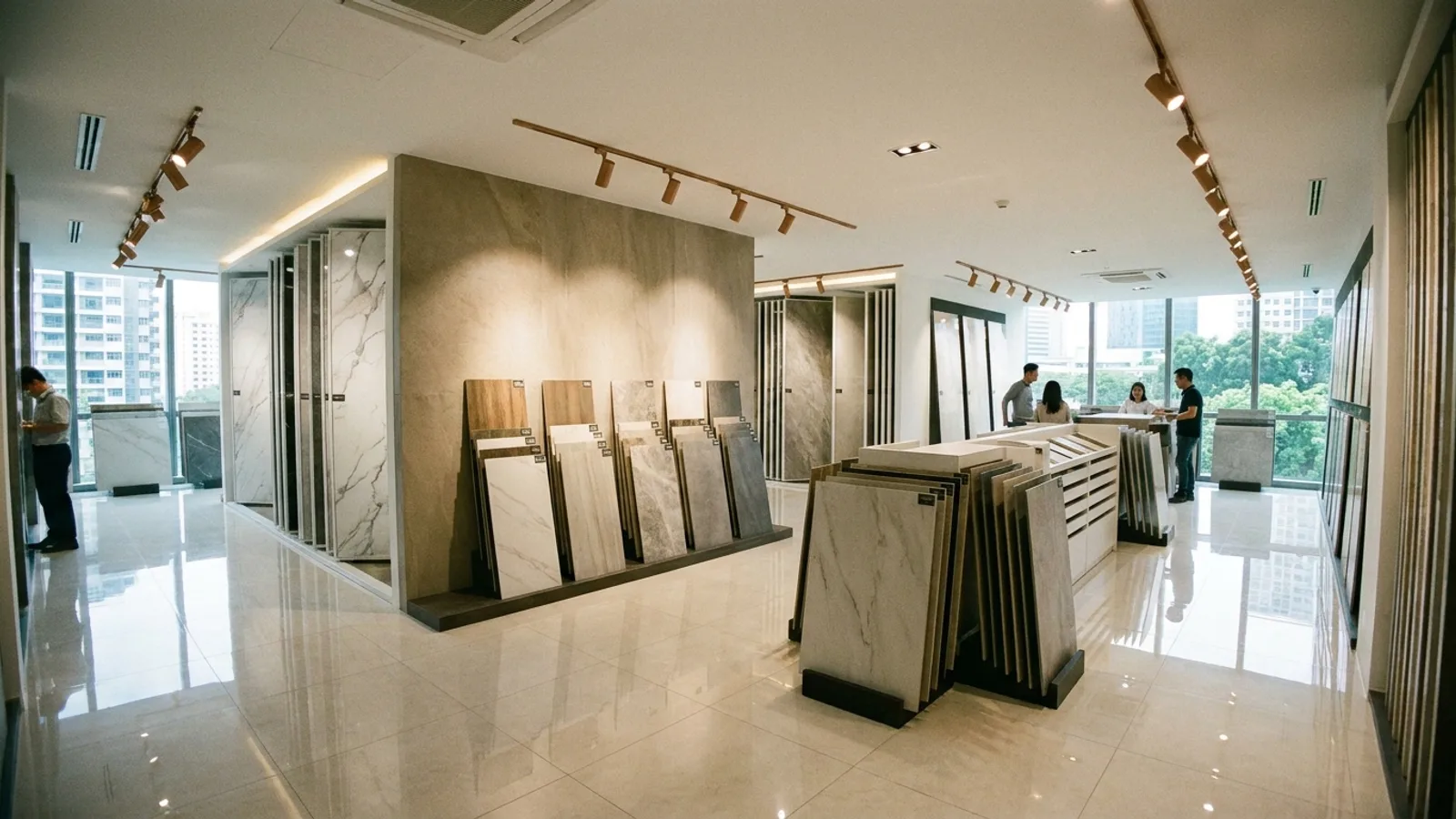 A bright tile showroom in Singapore displaying large-format porcelain slabs and floor tile samples