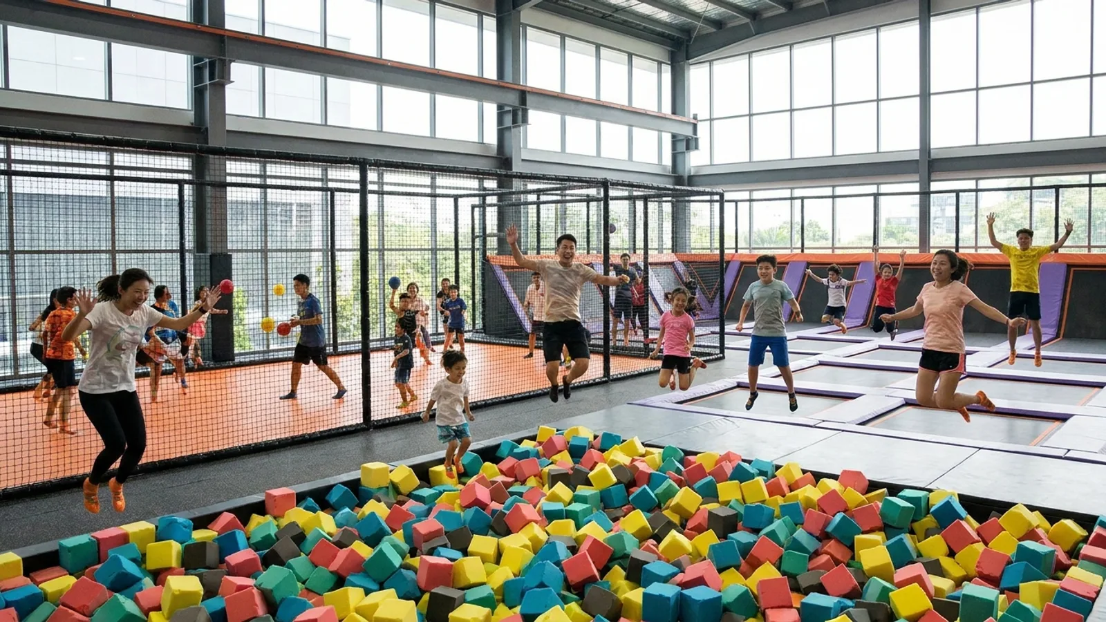 Kids and adults jumping and playing at an indoor trampoline park in Singapore with bright colours, foam pits and dodgeball courts