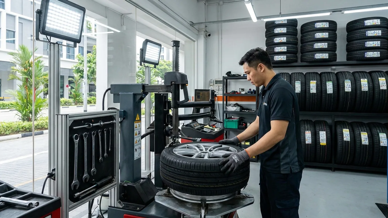A technician fitting a new car tyre onto an alloy wheel with a tyre changer in a clean, well-lit Singapore workshop, rows of tyres stacked on the wall behind