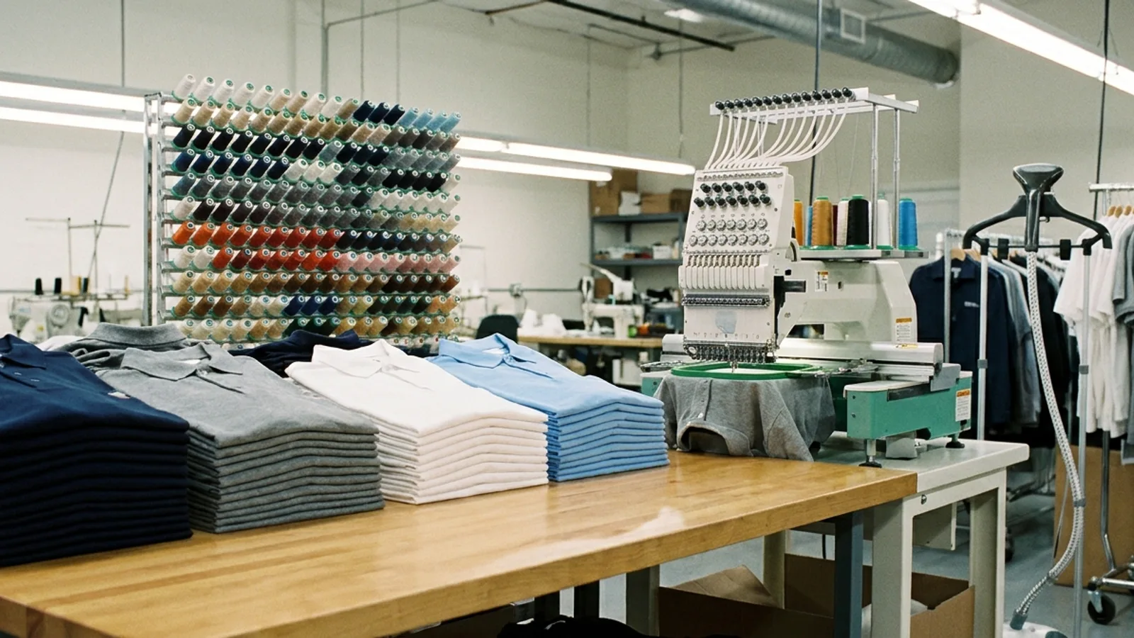 A corporate apparel workshop with folded polo shirts in colour blocks, an embroidery machine and thread cones on a rack
