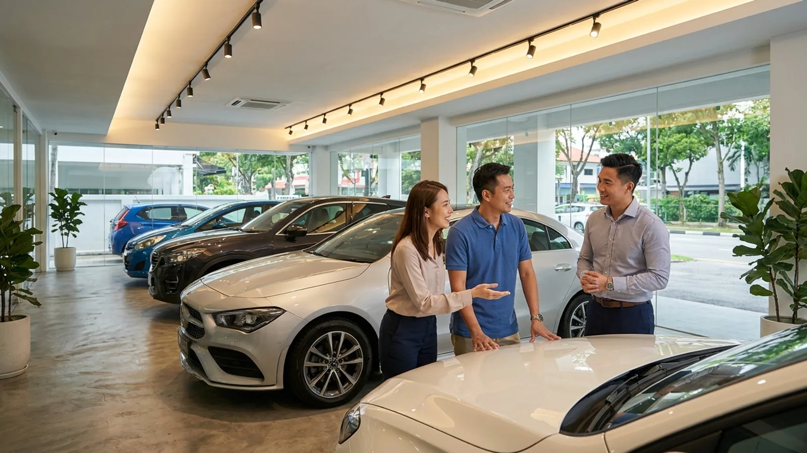 A bright used car showroom in Singapore with a row of clean pre-owned cars and a buyer inspecting one with a salesperson