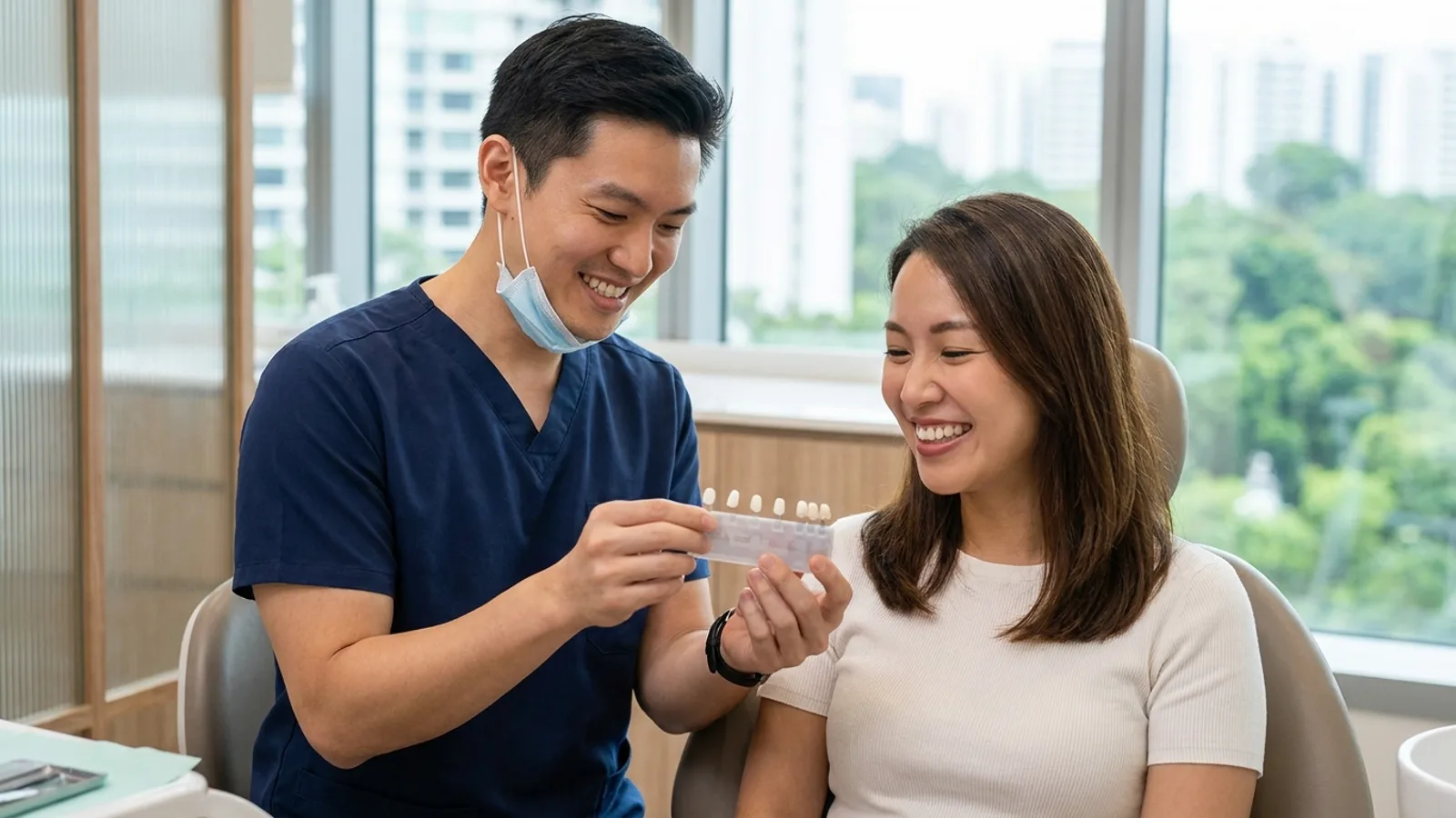 Close-up of a bright natural smile after a porcelain veneers smile makeover in a modern Singapore dental clinic
