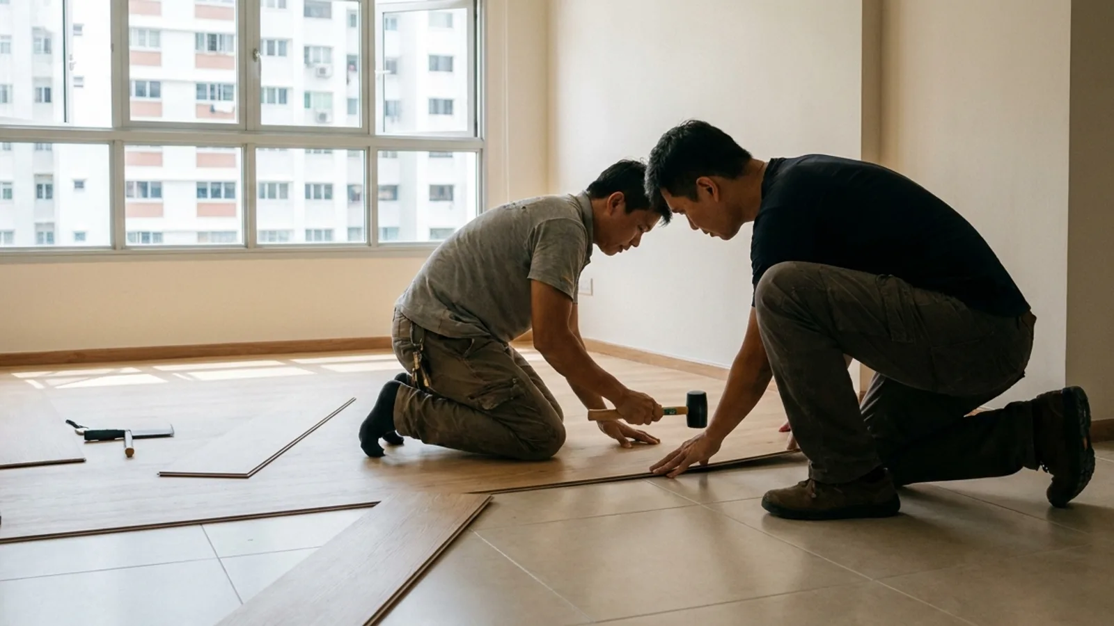 An installer clicking waterproof SPC vinyl planks into place over existing tiles in a bright HDB living room in Singapore