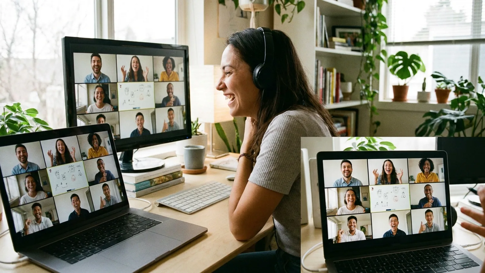 A distributed team on a video call doing a virtual team building activity, screens showing smiling colleagues in a modern home-office setup