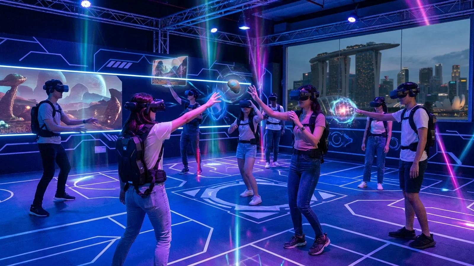 People wearing VR headsets in a free-roam virtual reality arena in Singapore, immersed in a glowing sci-fi environment
