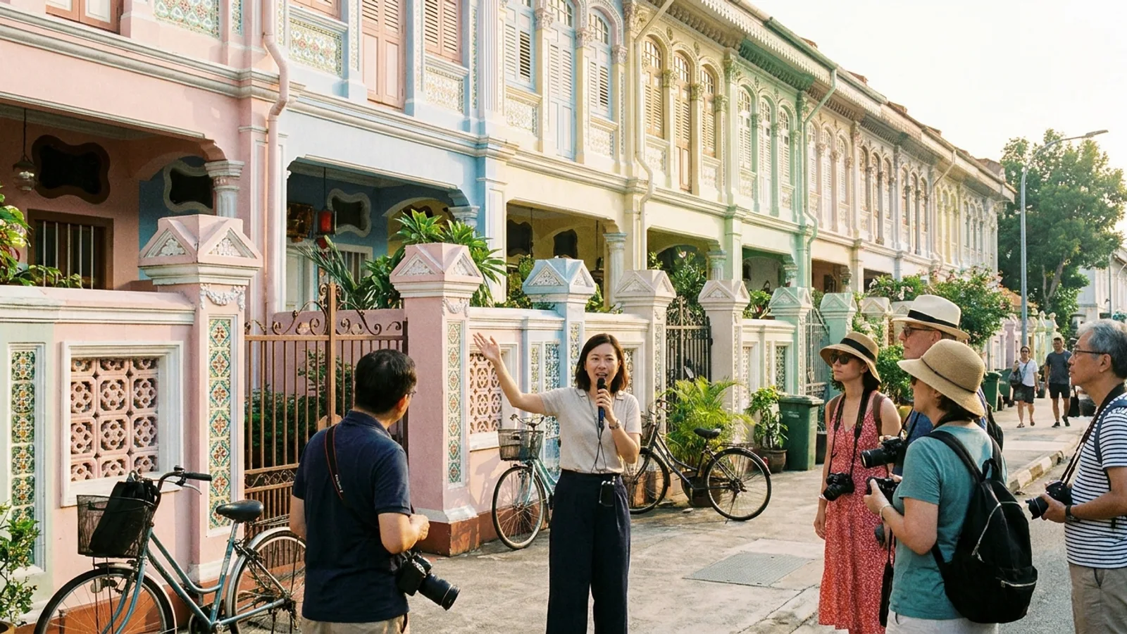 A walking tour group listening to a guide outside ornate heritage shophouses in Singapore