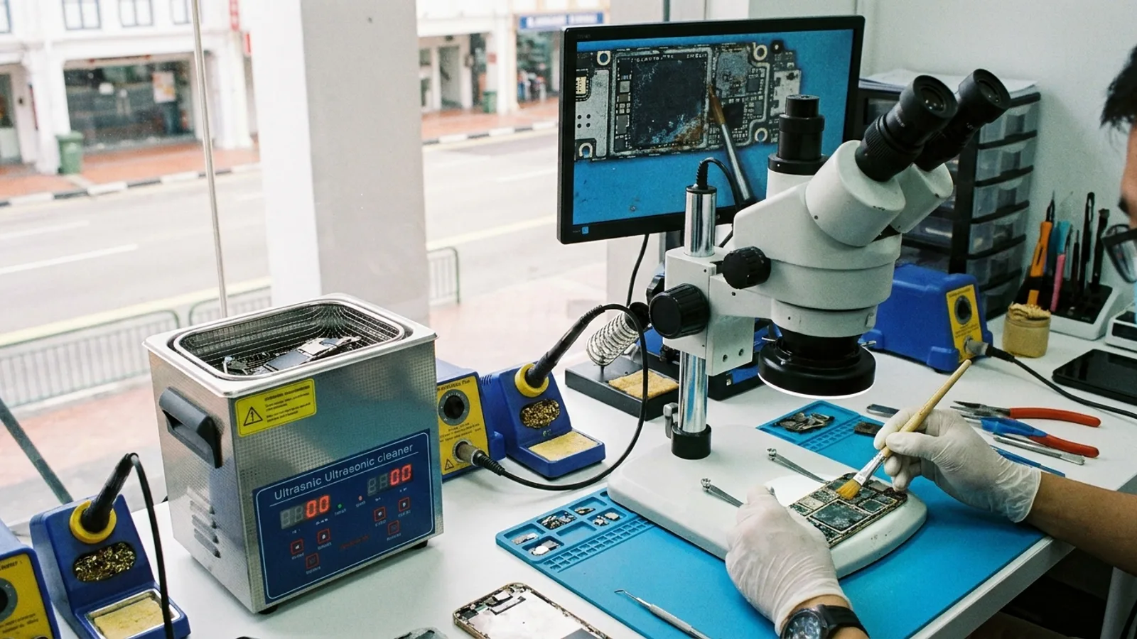 A smartphone logic board under a microscope undergoing corrosion cleaning in a Singapore electronics repair lab, with an ultrasonic cleaner nearby