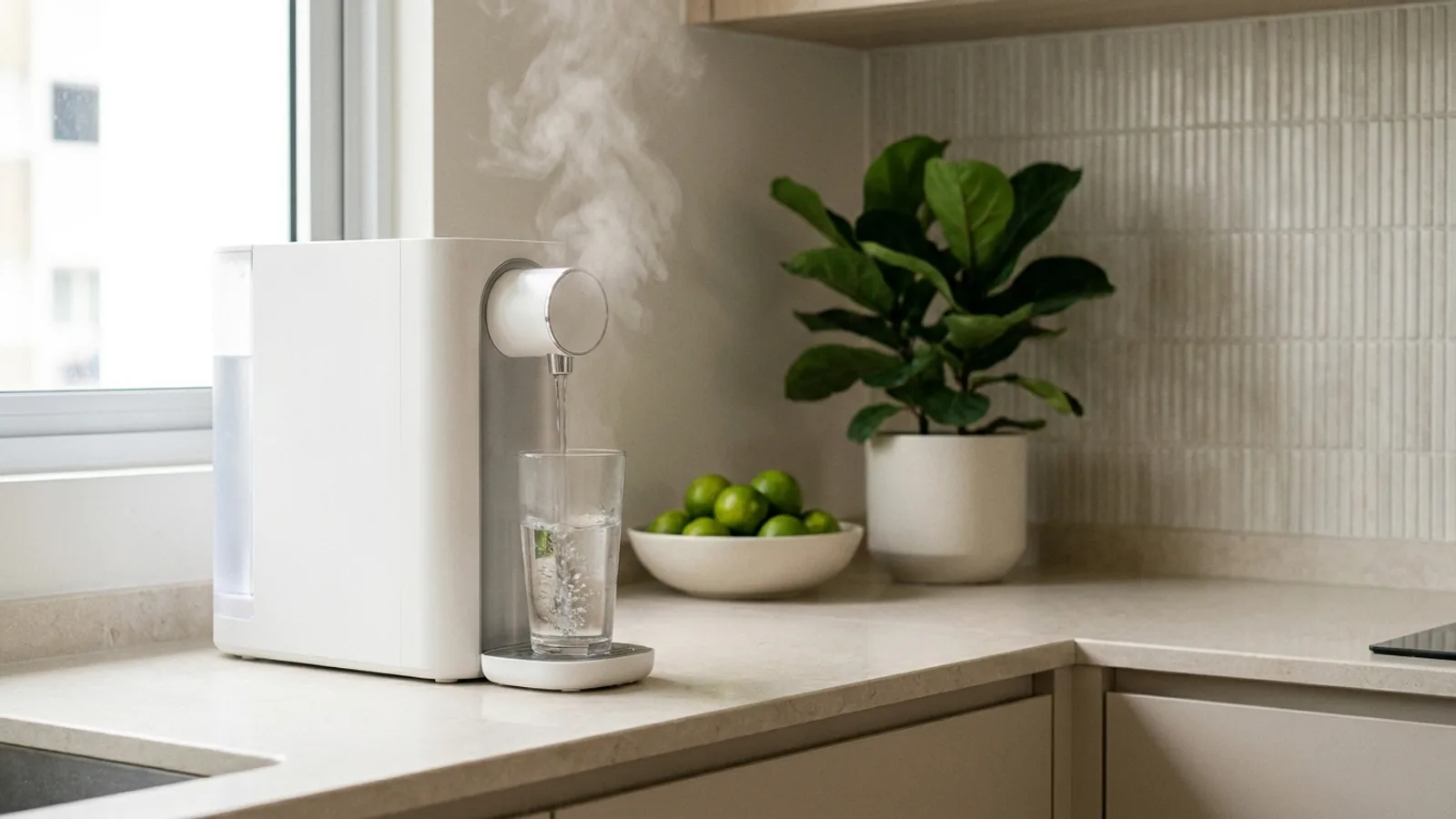 A white countertop water purifier dispenser filling a glass of water on a bright Singapore kitchen counter