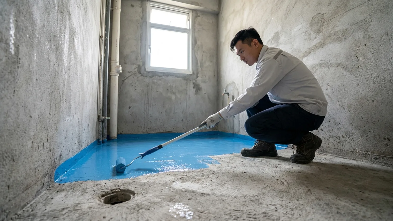A waterproofing technician applying membrane coating to a bathroom floor screed in a Singapore HDB flat