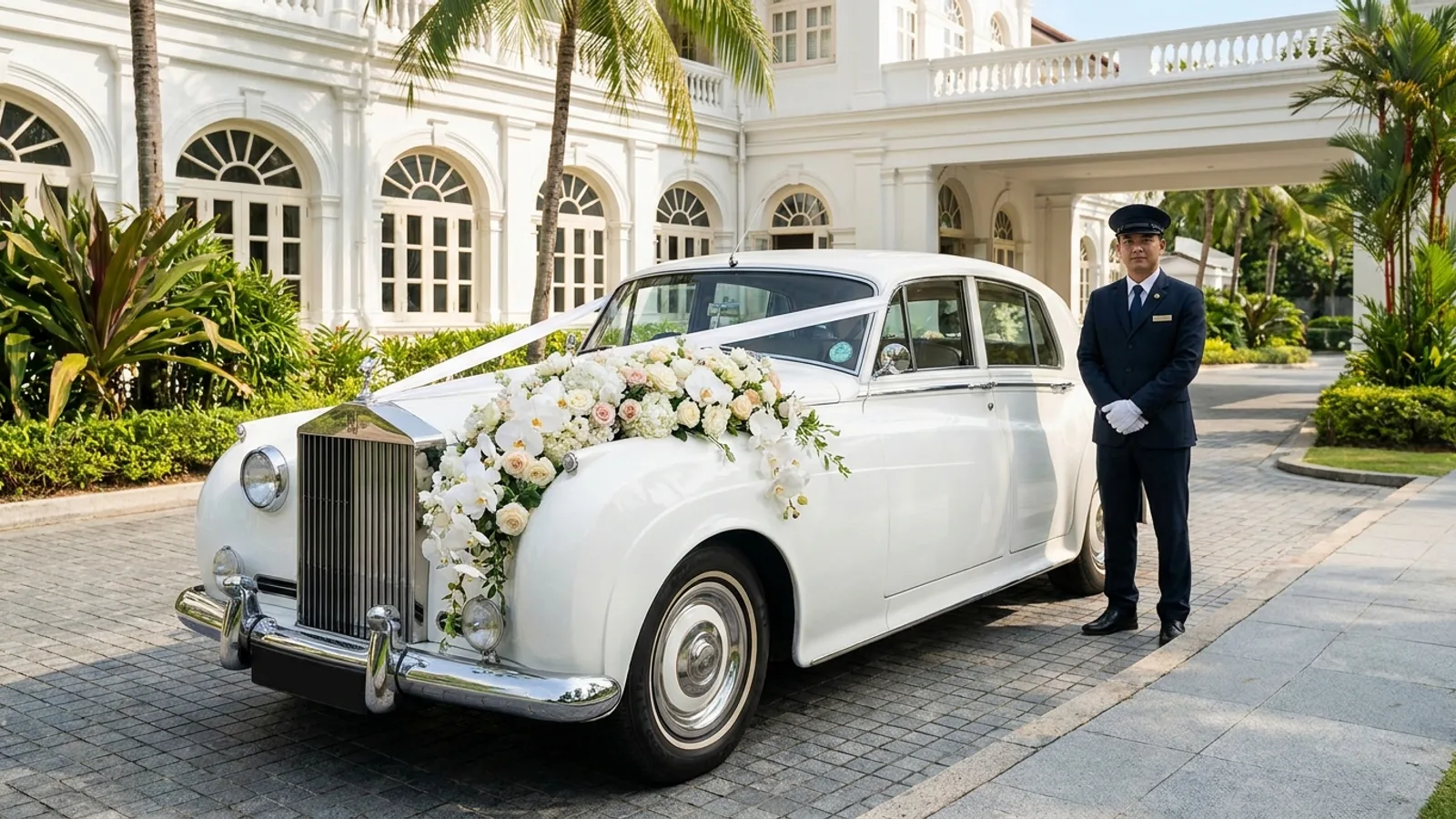 A decorated white bridal car with floral bonnet decoration outside a wedding venue in Singapore