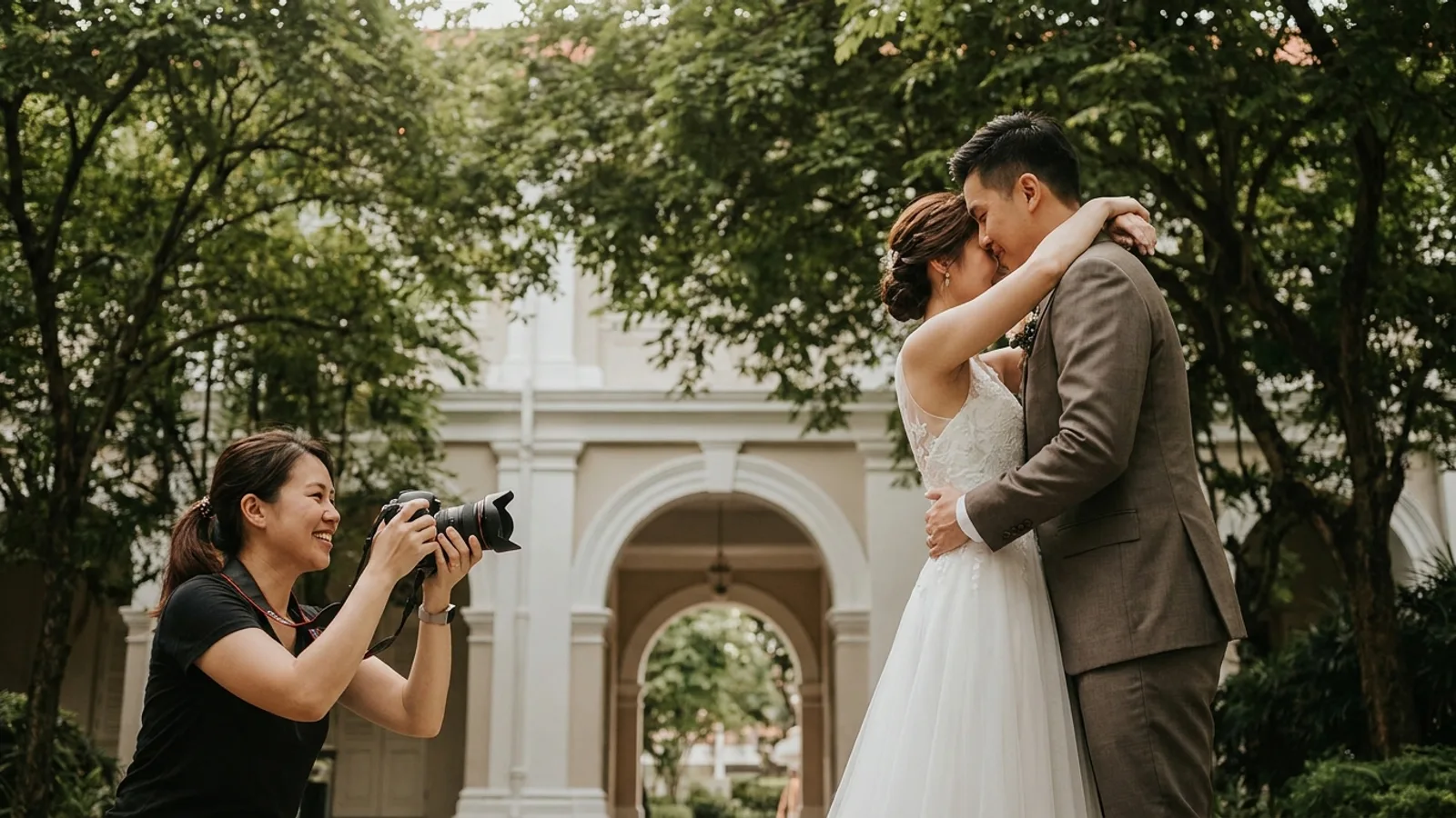 A wedding photographer capturing a couple on their wedding day in Singapore with soft natural light