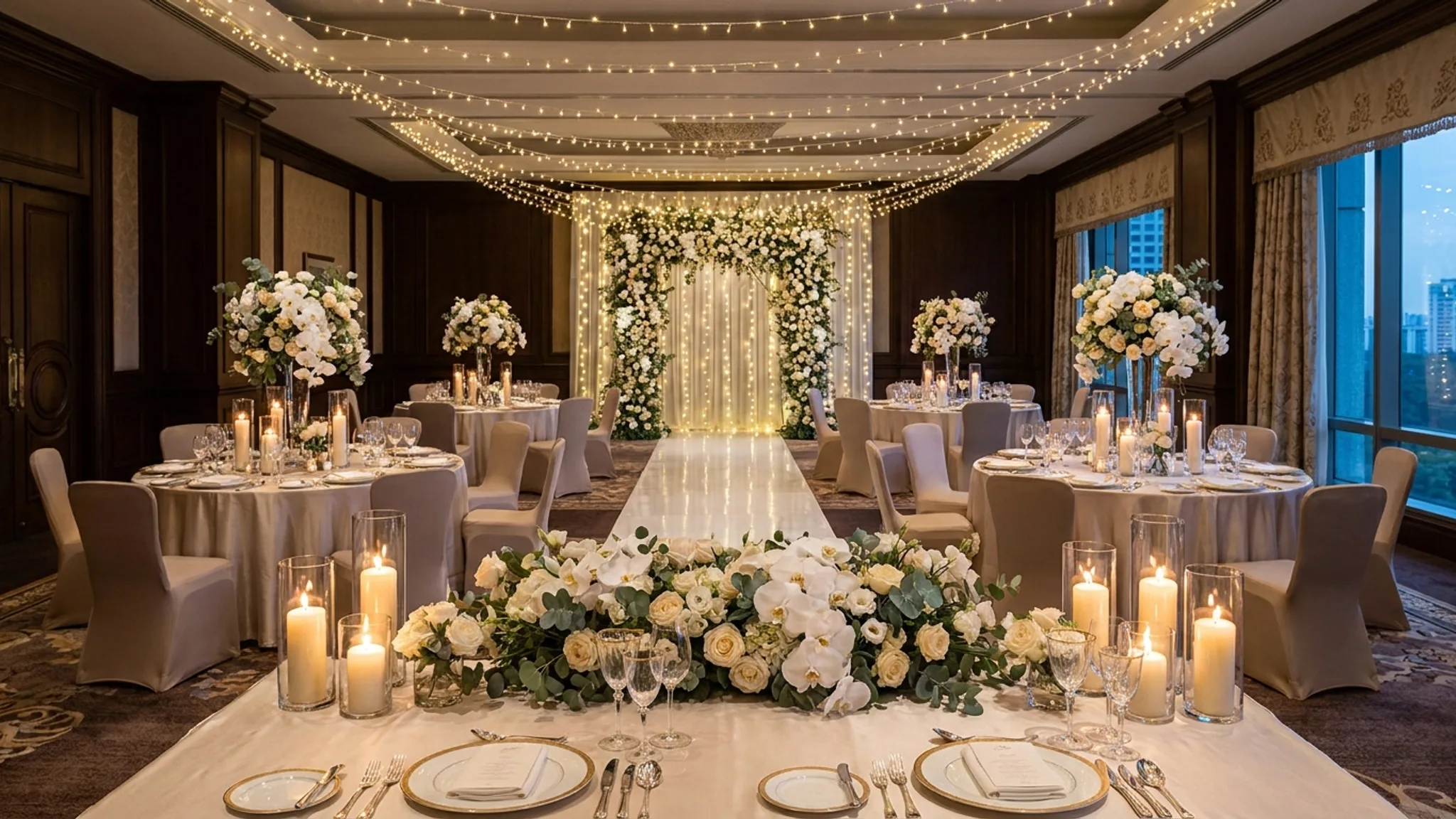 Elegant wedding reception setup in Singapore with floral arrangements, representing the best wedding planners in Singapore for 2026