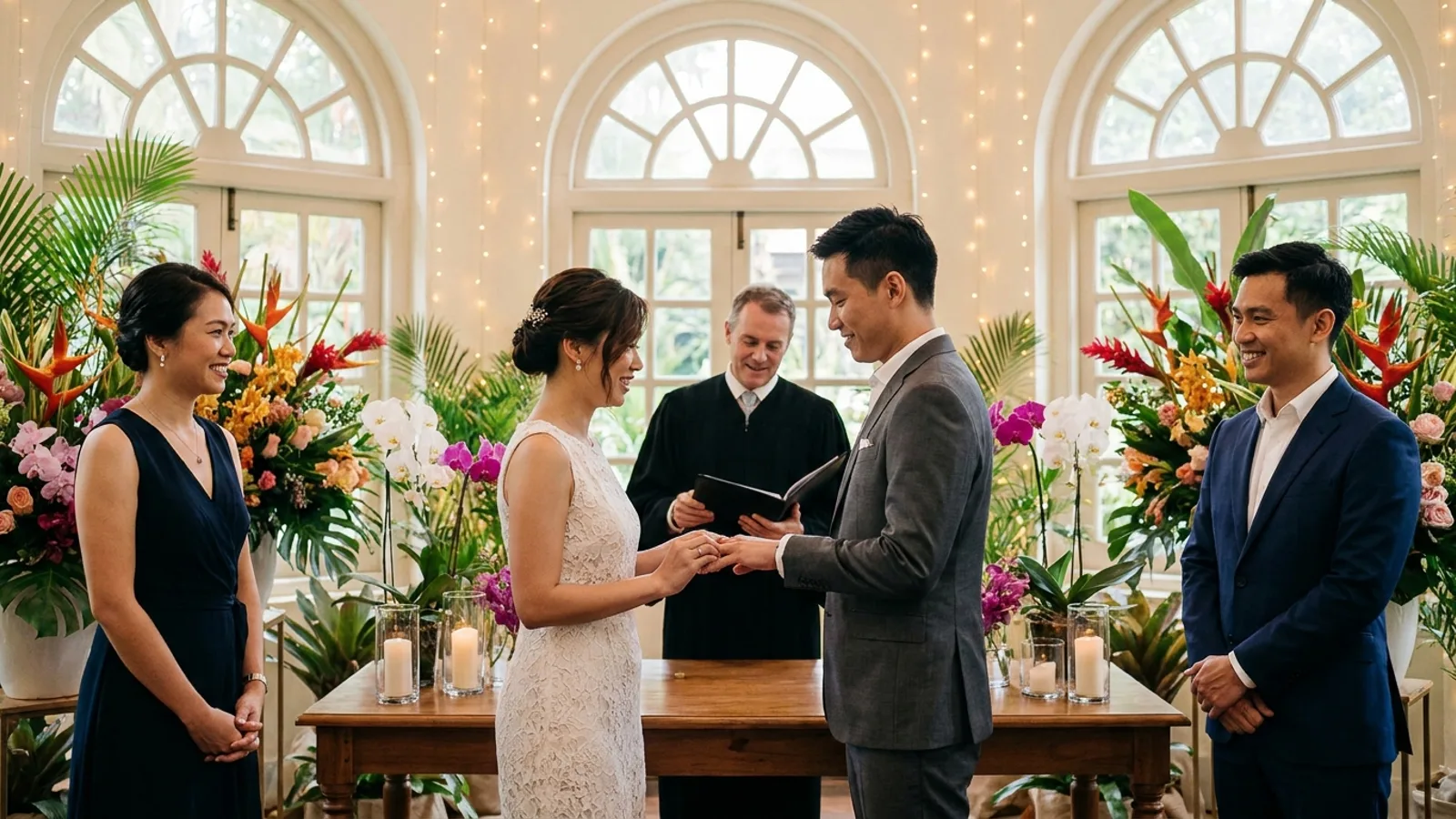 A couple exchanging vows at their solemnisation ceremony in Singapore with a solemniser and two witnesses