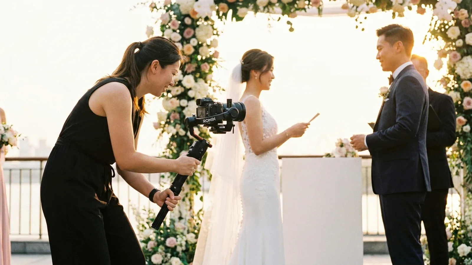 A wedding videographer filming a couple during their wedding ceremony in Singapore with a cinema camera