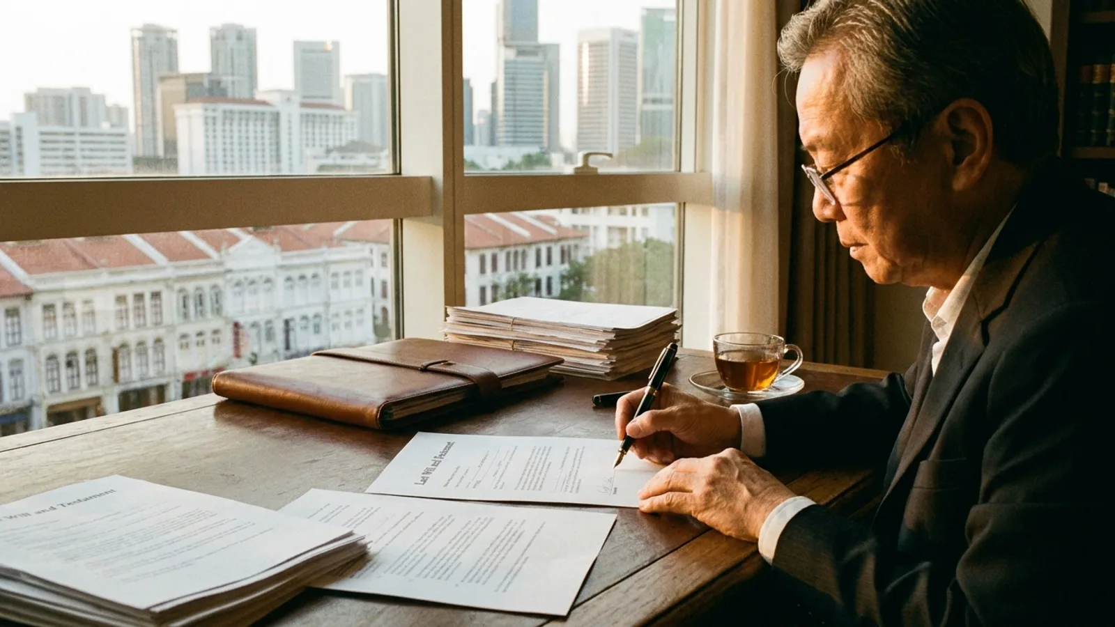 A person signing a will document with a pen at a desk in Singapore, estate planning paperwork nearby