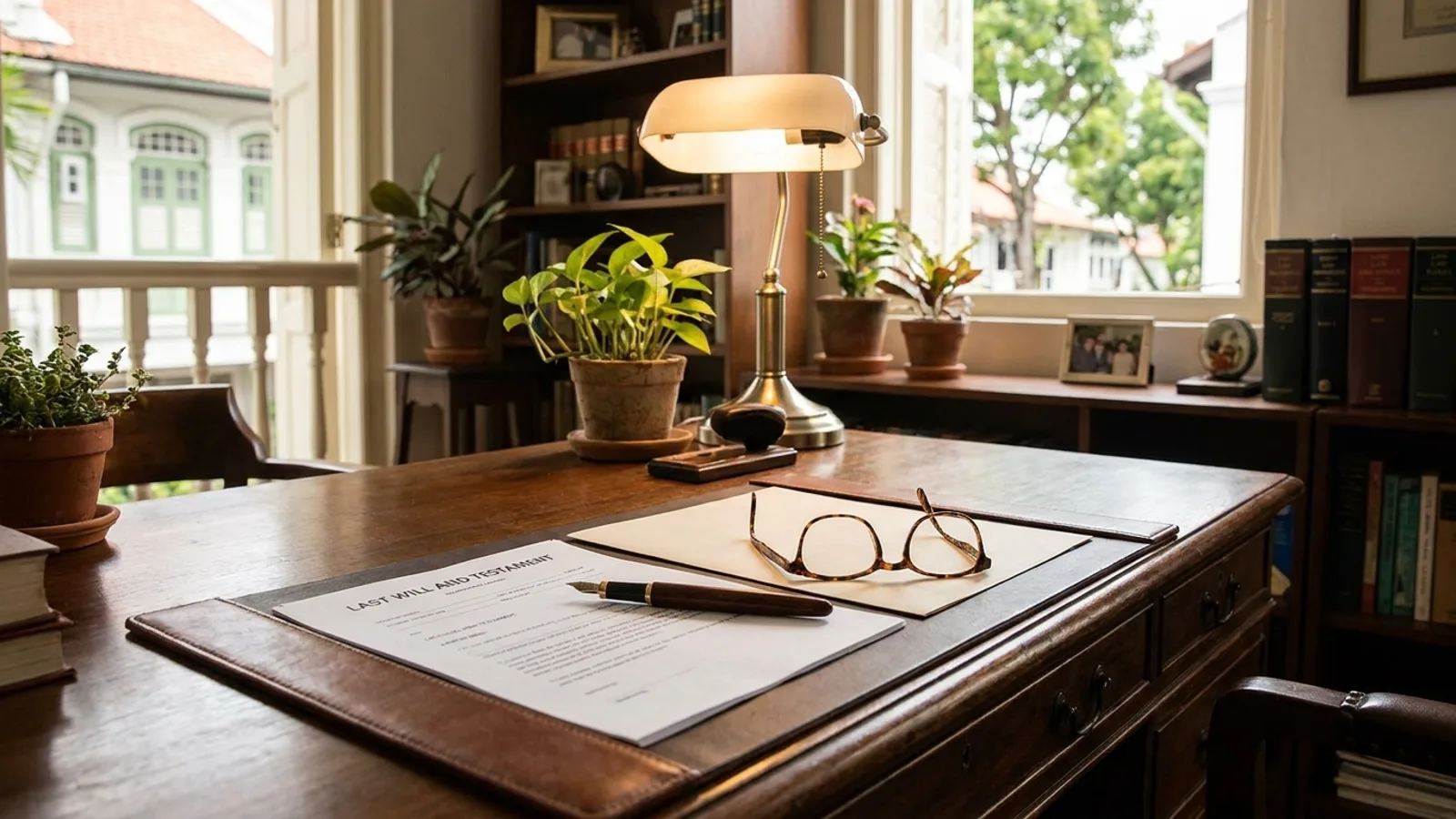 A wills and probate lawyer in Singapore reviewing estate planning documents with a client across a desk