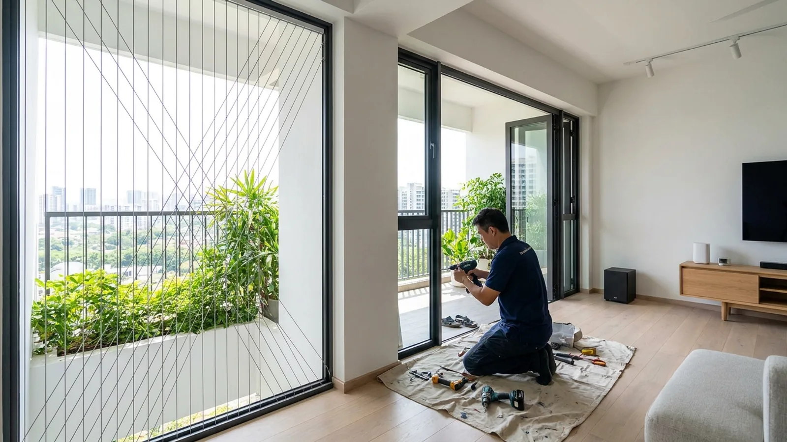 A contractor installing a new aluminium casement window and safety grille in a bright HDB flat in Singapore