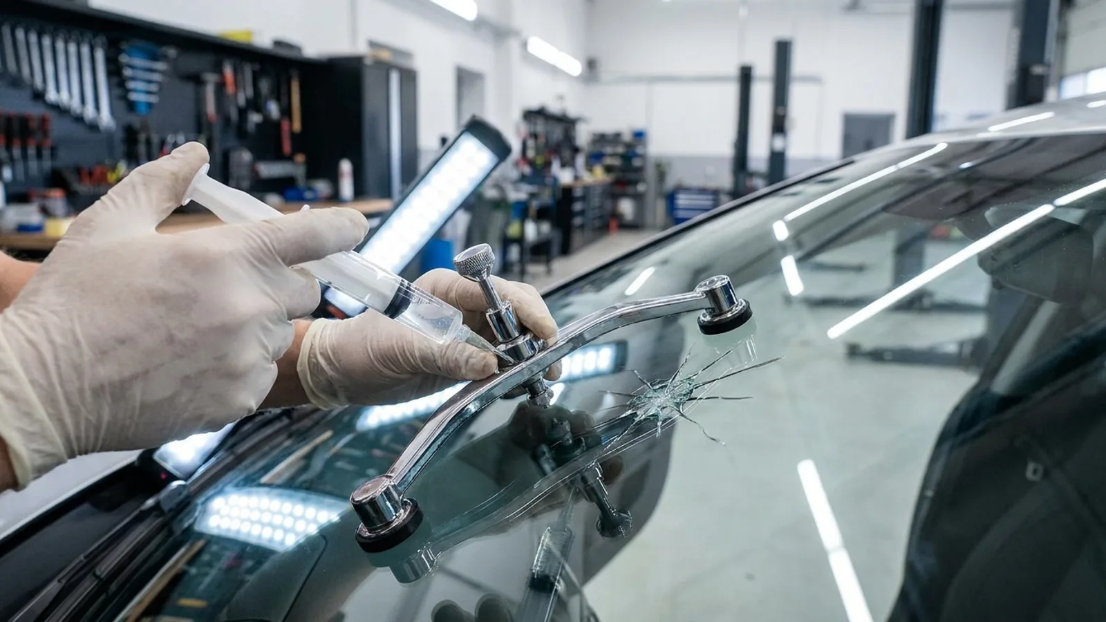 A glass technician injecting clear resin into a small chip on a car windscreen with a repair bridge tool, close up under bright workshop lighting