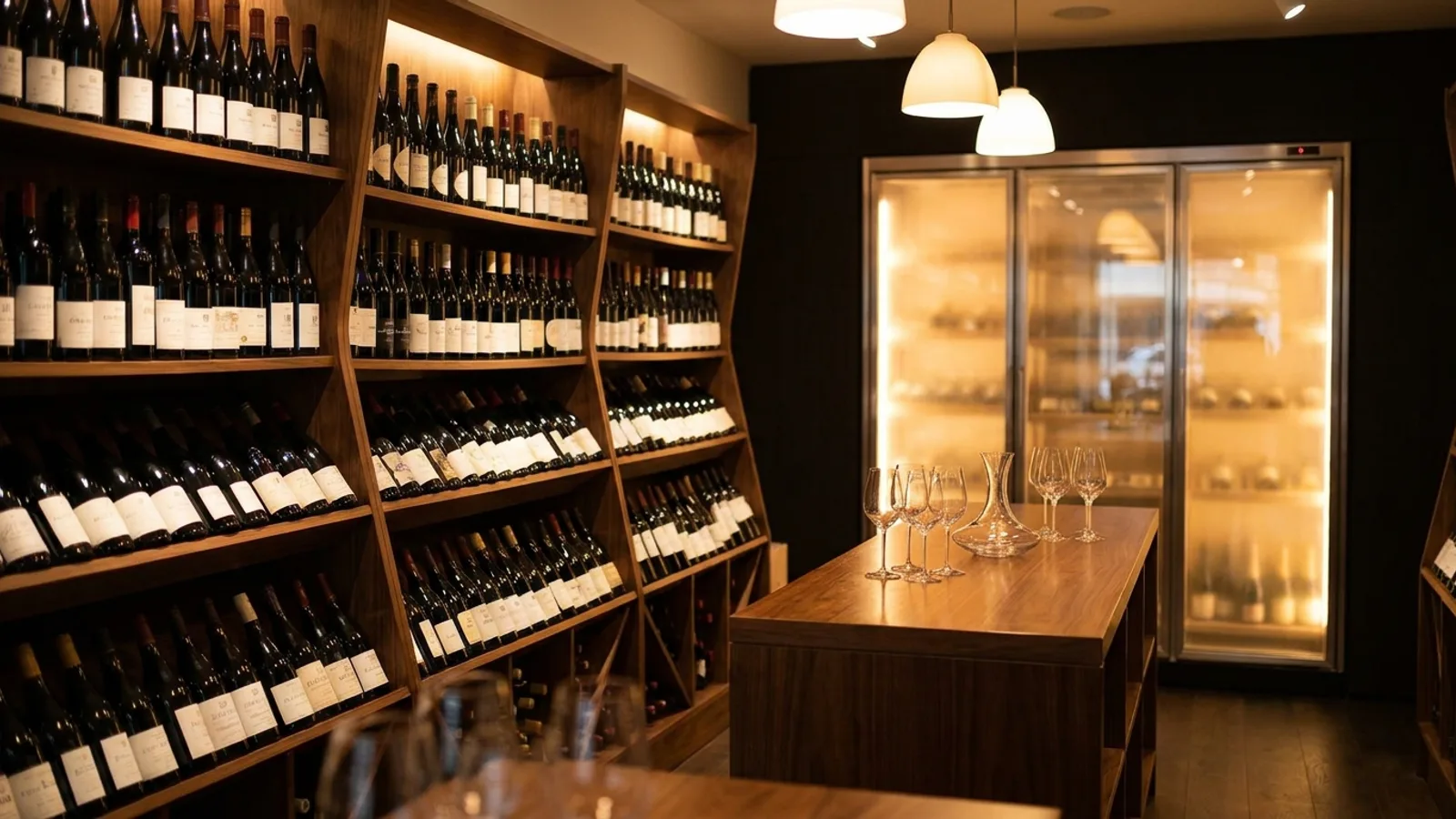 A wine shop interior with angled wooden racks of bottles, a tasting counter and a temperature-controlled cabinet