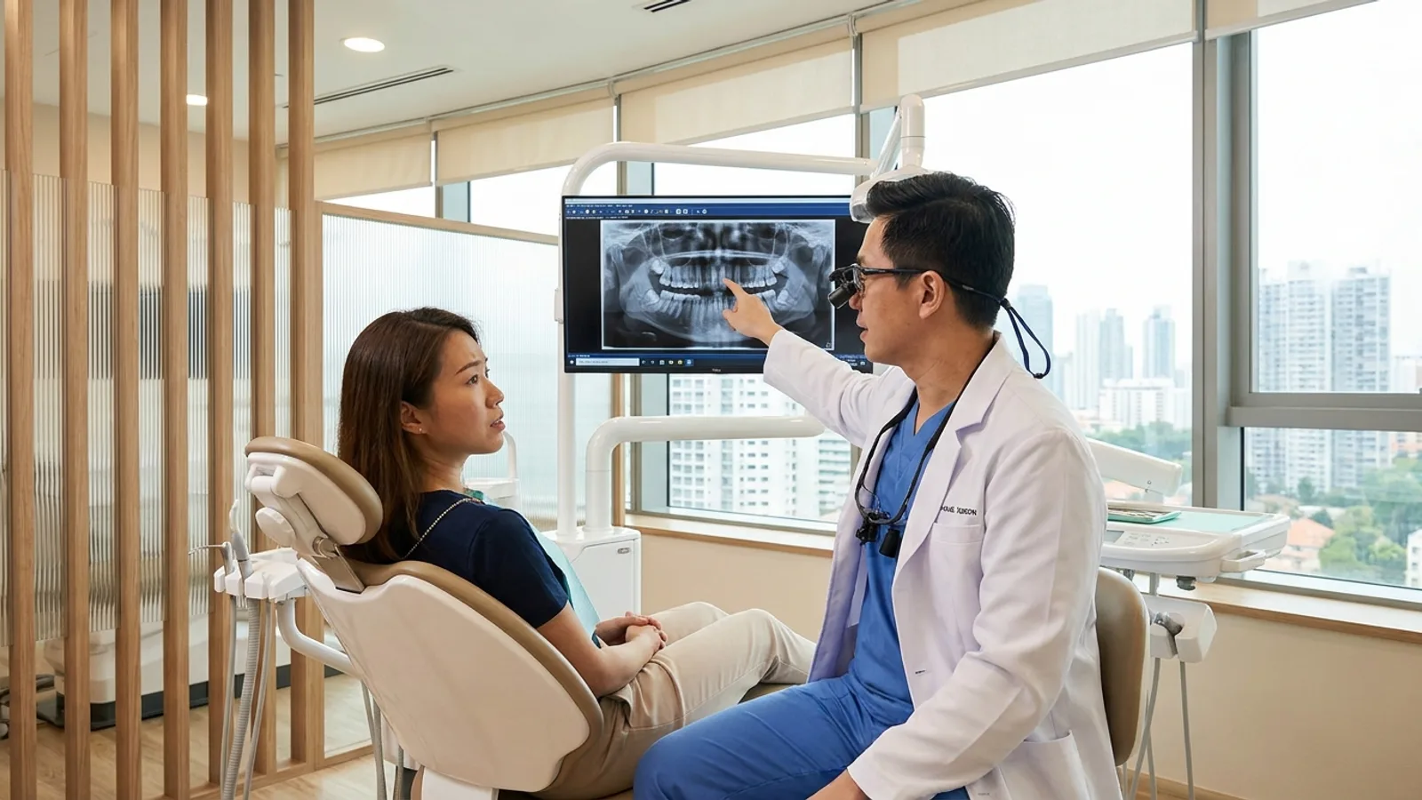Dental surgeon reviewing a panoramic X-ray of impacted wisdom teeth before surgery at a Singapore clinic