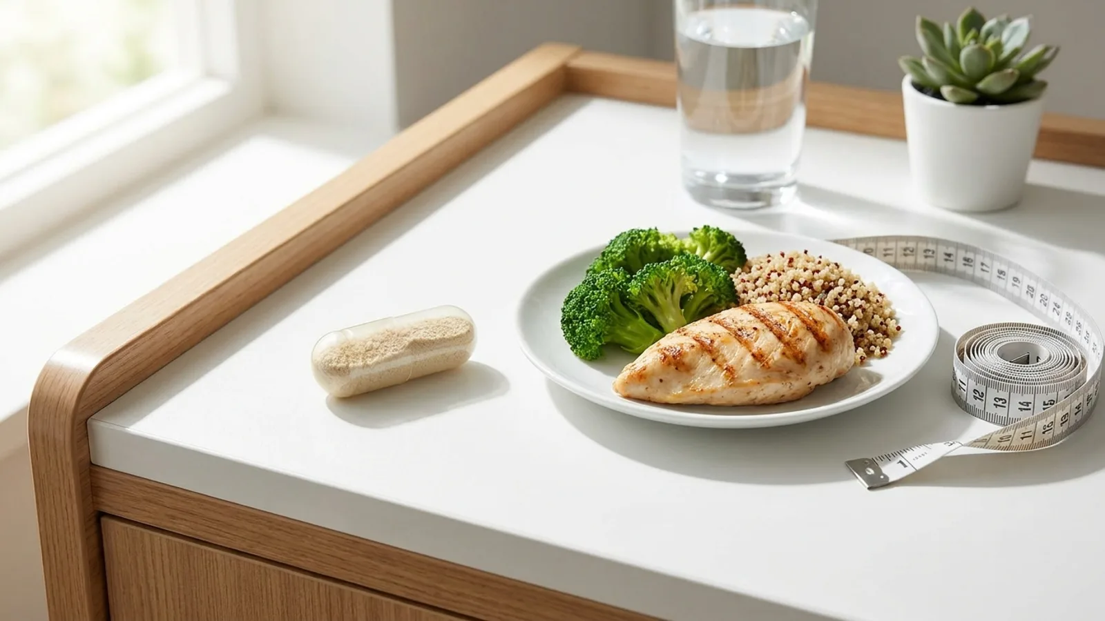 Bright modern Singapore clinic consultation desk with a Xenical orlistat capsule pack, a glass of water, and a plate of low-fat food