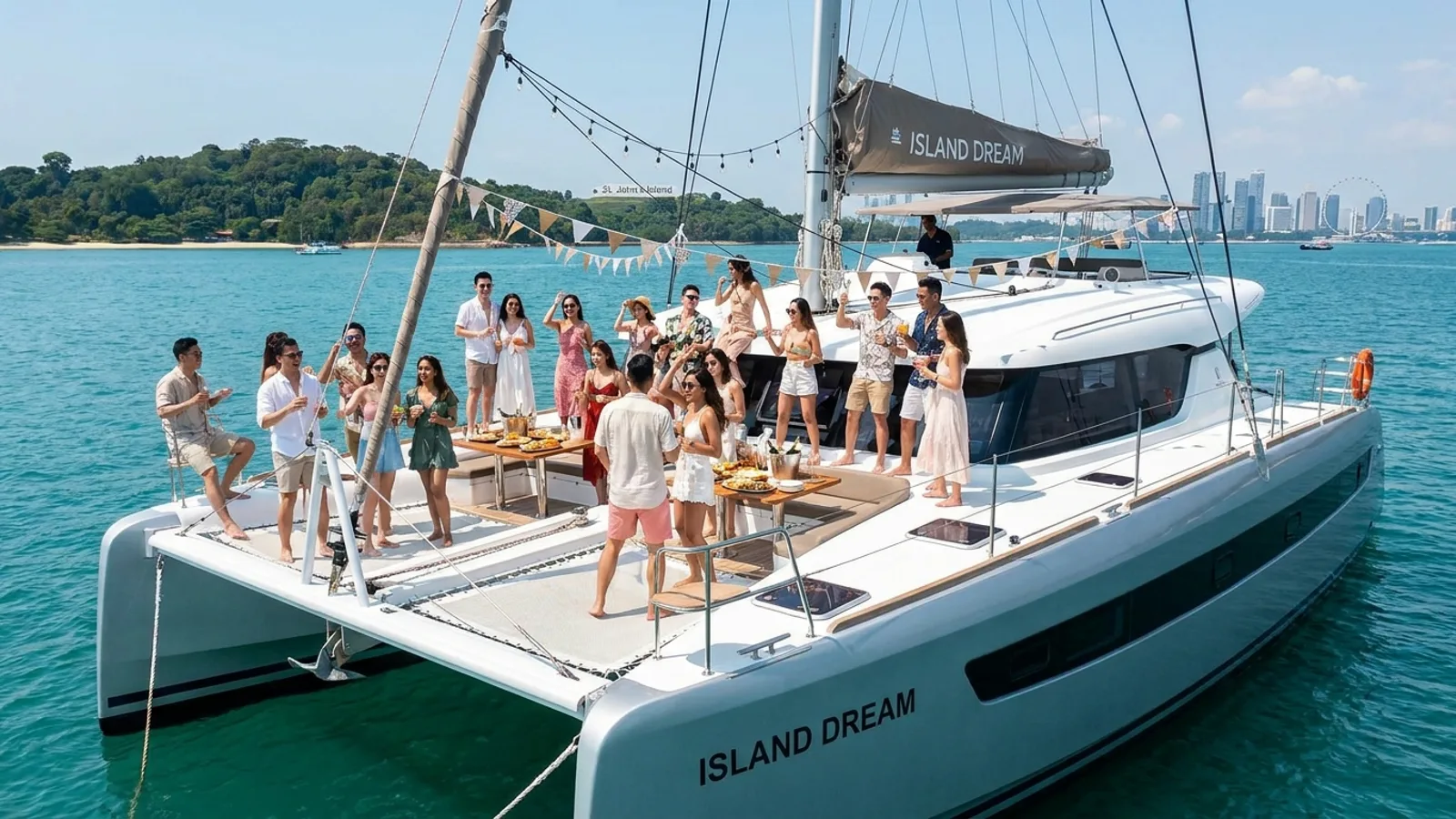 A group of friends celebrating on a private yacht off Singapore with the Southern Islands in the background
