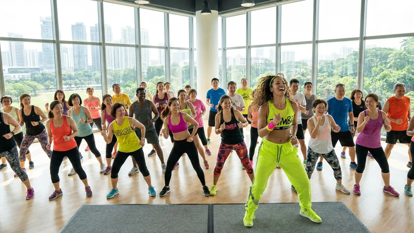 A diverse group of adults dancing in a bright Singapore studio during a high-energy Zumba dance fitness class with an instructor leading from the front