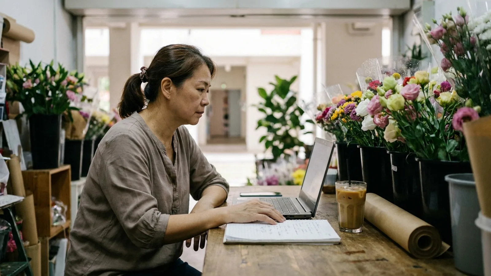 Florist in her shop in a Singapore HDB estate typing on a laptop, weighing whether ChatGPT can do SEO