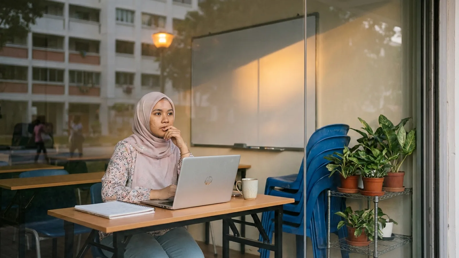 Tuition centre owner in a Bishan HDB shop unit after lessons, working out whether she can do SEO herself