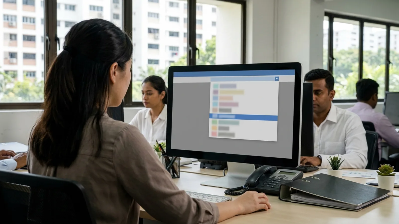 Office administrator in a Singapore office with HDB blocks outside, picking from a dropdown to change PHP version in cPanel