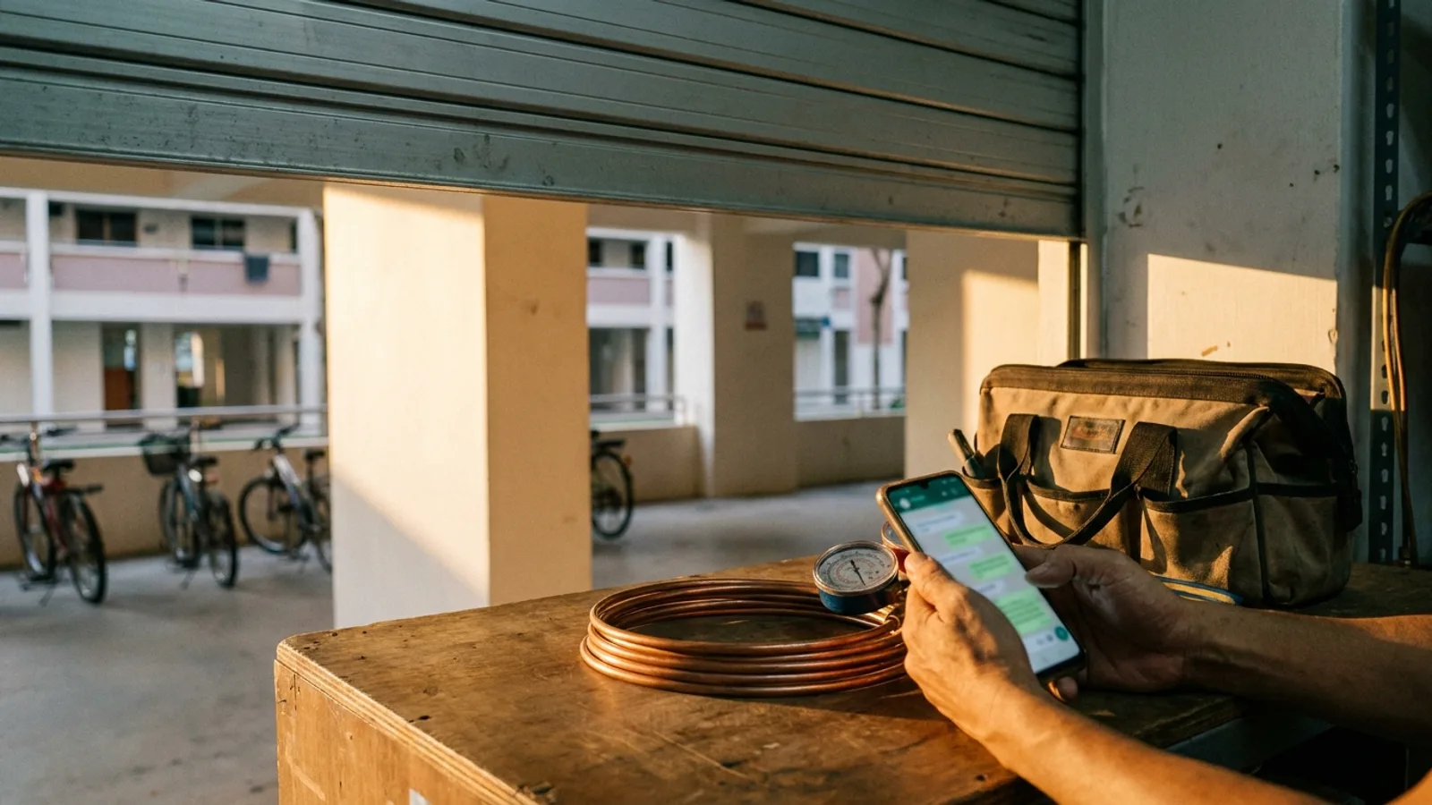 Technician holding a phone with a chat answer open at the counter of a small aircon servicing shop beside an HDB block in Singapore