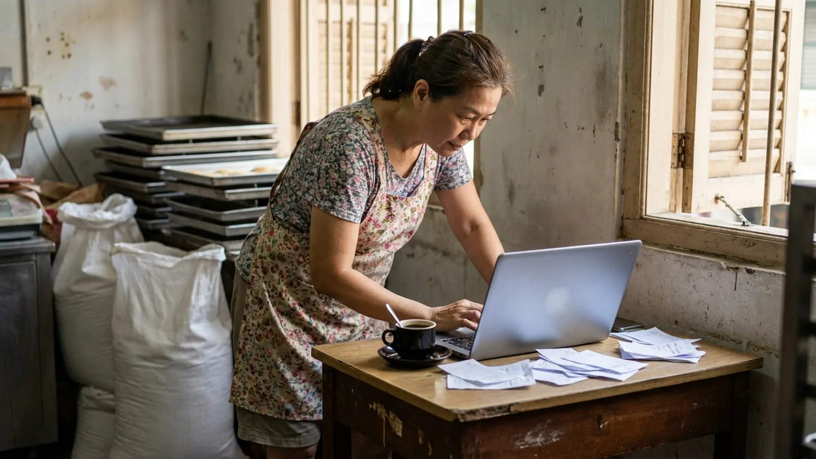 Bakery owner in a Joo Chiat shophouse back room leaning over a laptop to check PHP version on her website
