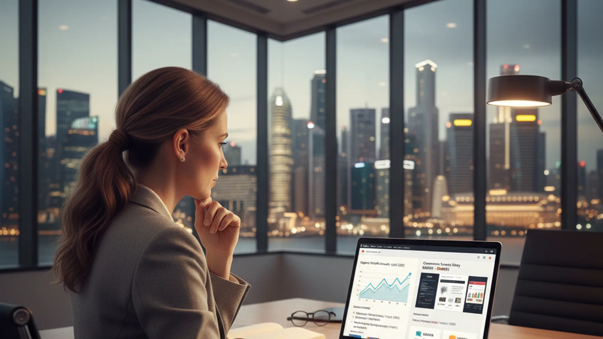 Business owner evaluating SEO agency proposals on a laptop showing performance reports, in a modern Singapore office with city skyline view