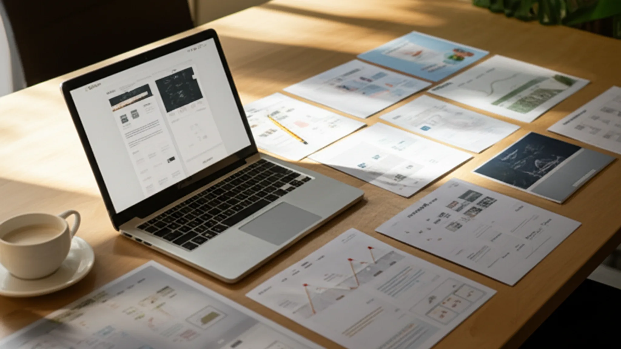 Singapore business owner evaluating web design agency portfolios and proposals on a desk