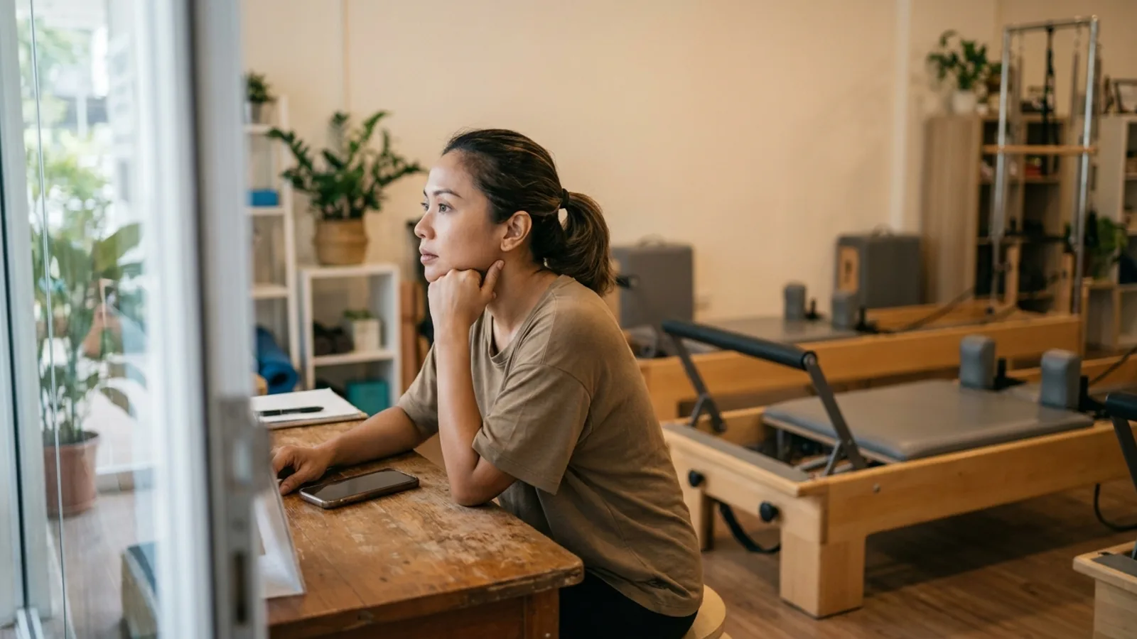 Pilates studio owner in Katong at her front desk wondering if her website needs maintenance