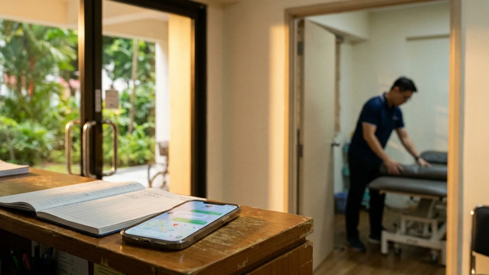 A Singapore physiotherapy clinic reception with a smartphone on the counter showing a blurred AI chat answer with map pins