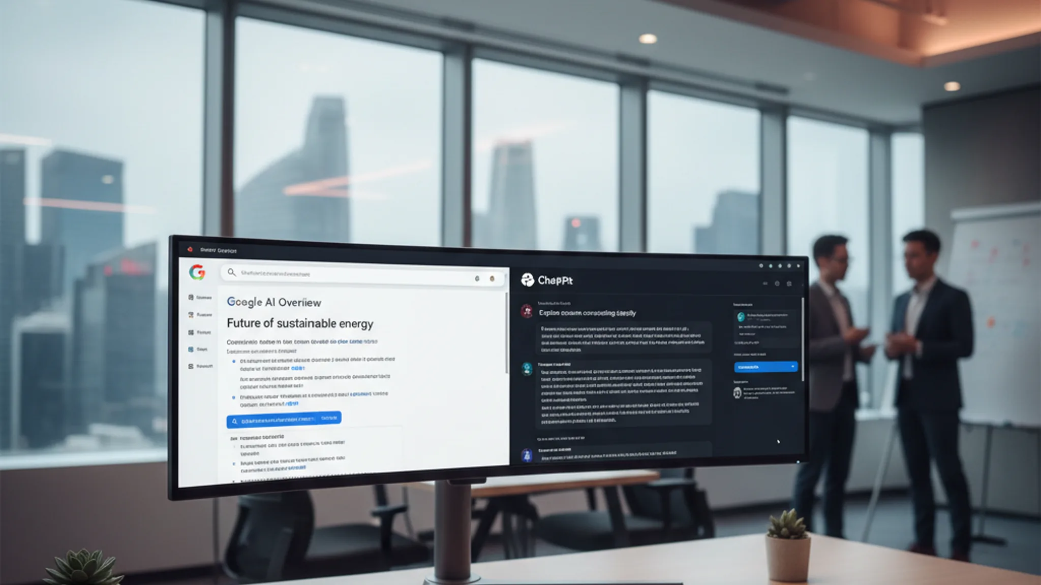 AI search optimisation workspace showing Google AI Overview and ChatGPT results on a modern ultrawide monitor in a Singapore tech office