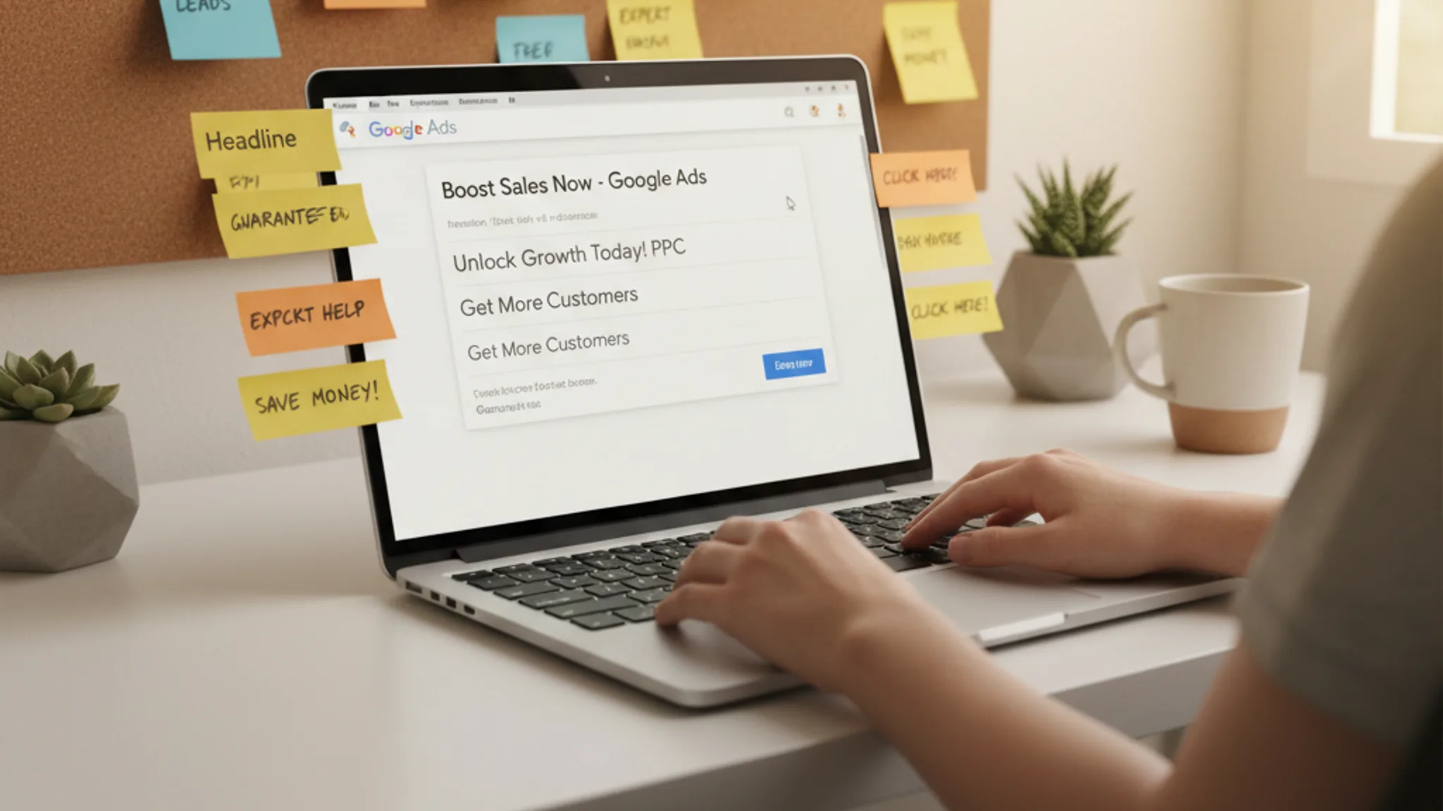 Google Ads copywriting workspace showing ad headline formulas and performance metrics on a monitor in a Singapore office