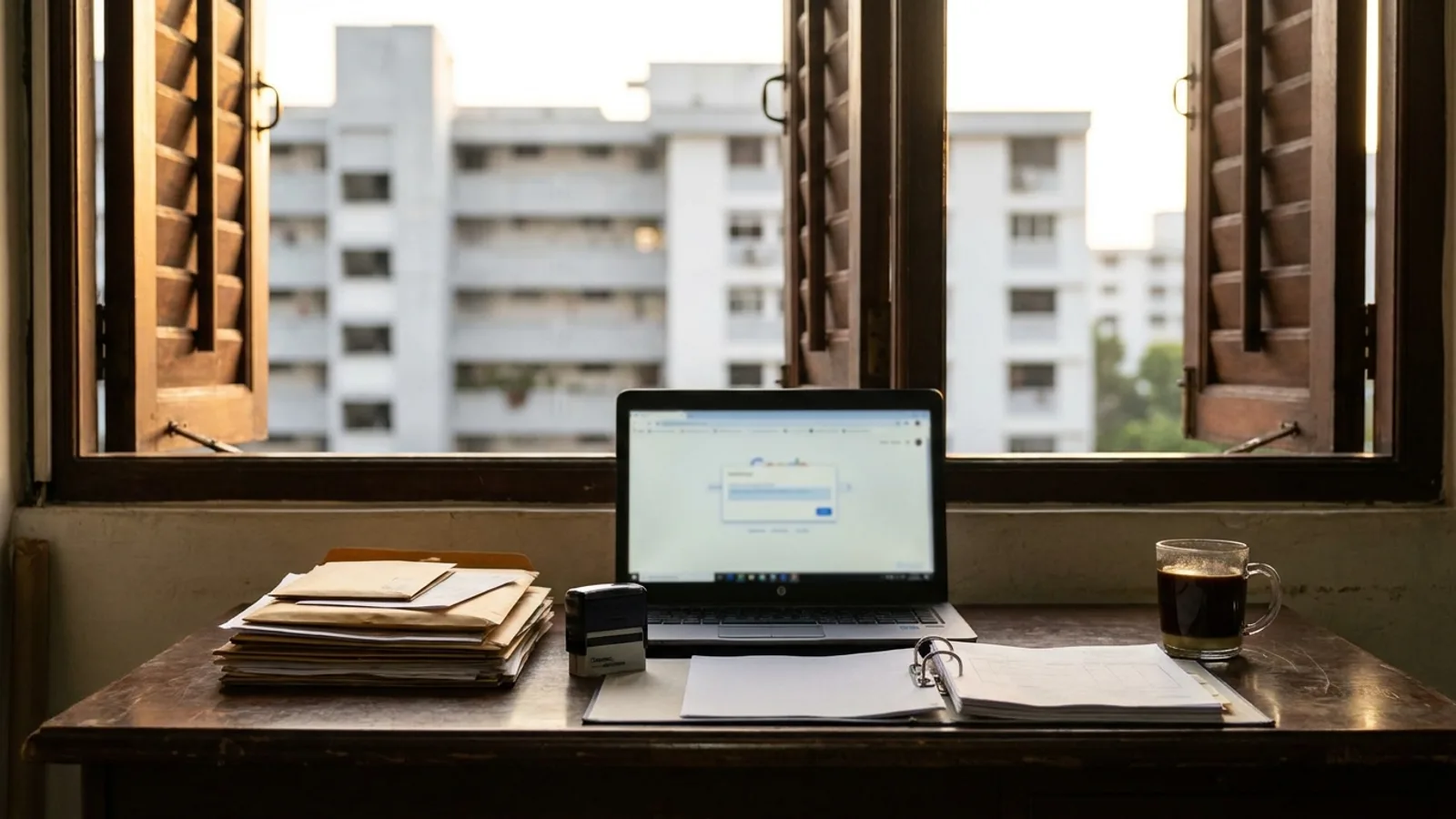 A laptop in a small Singapore corporate secretarial office, open on a blurred search results page with a summary block at the top, beside company forms and a cup of kopi