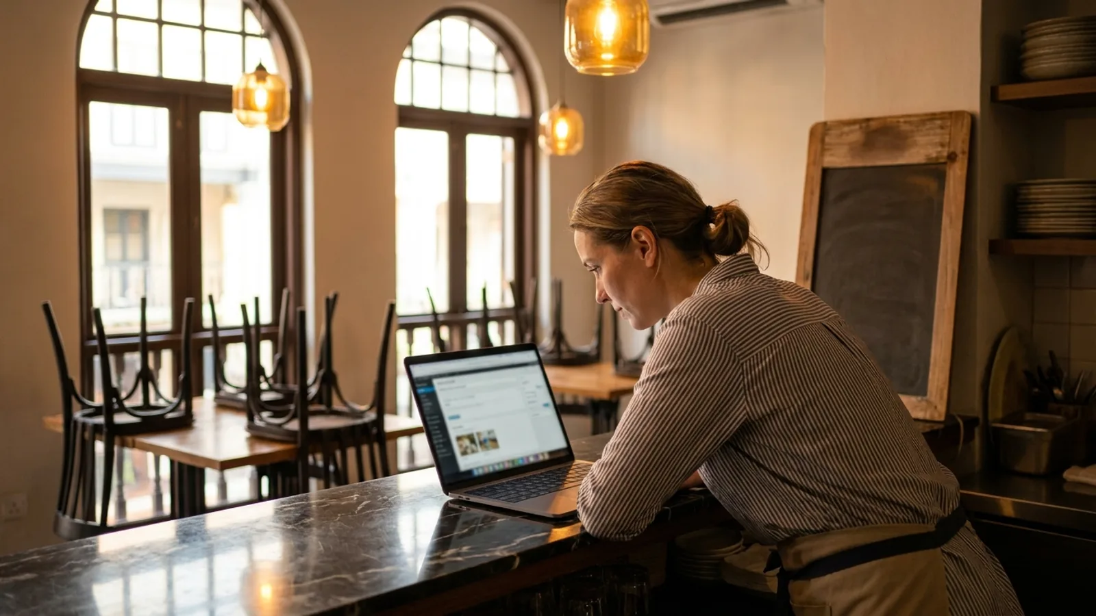 Restaurant manager editing the menu in a headless CMS on a laptop at a shophouse bar before dinner service