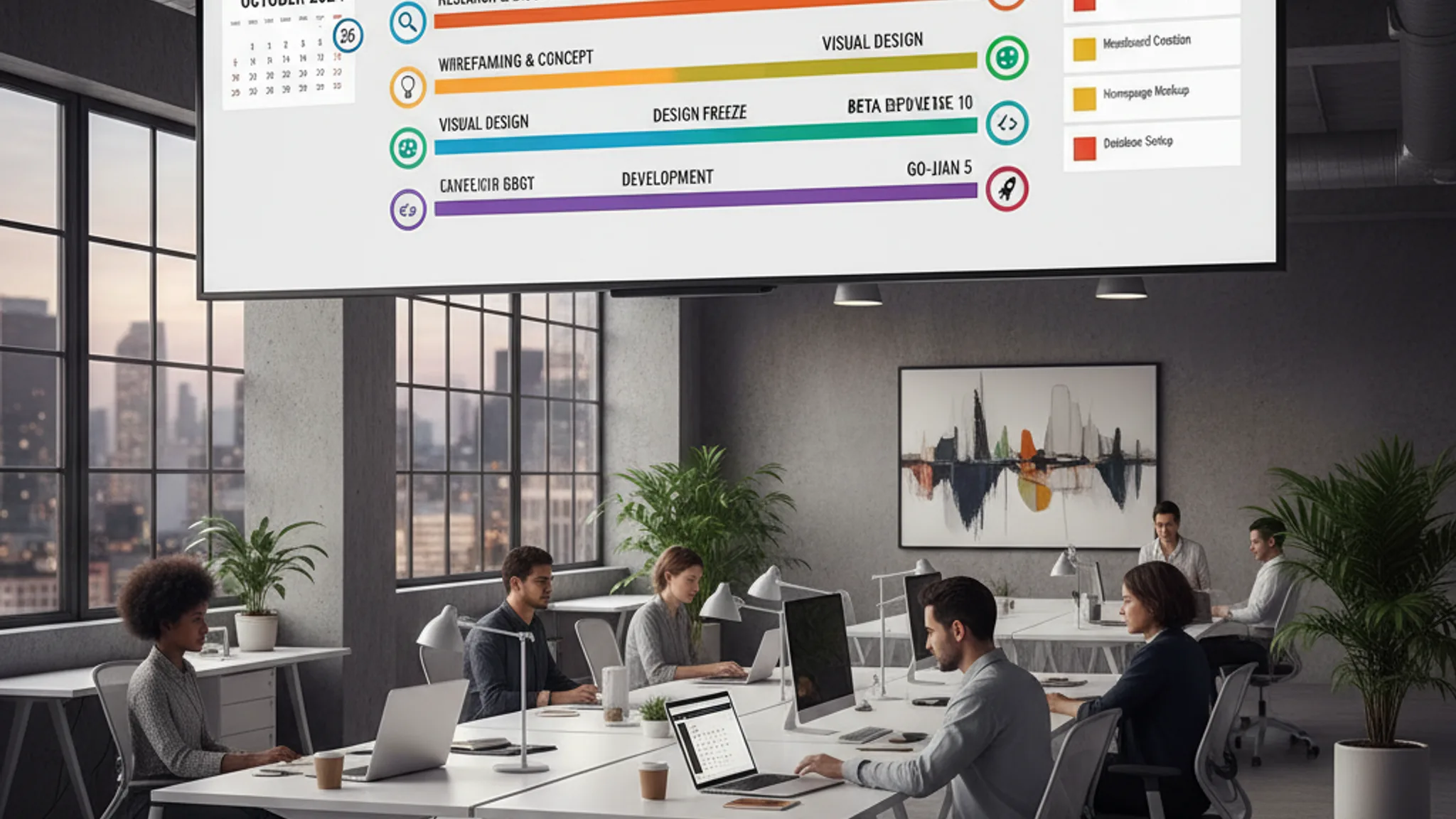 Website project timeline with design phases on agency workspace screen