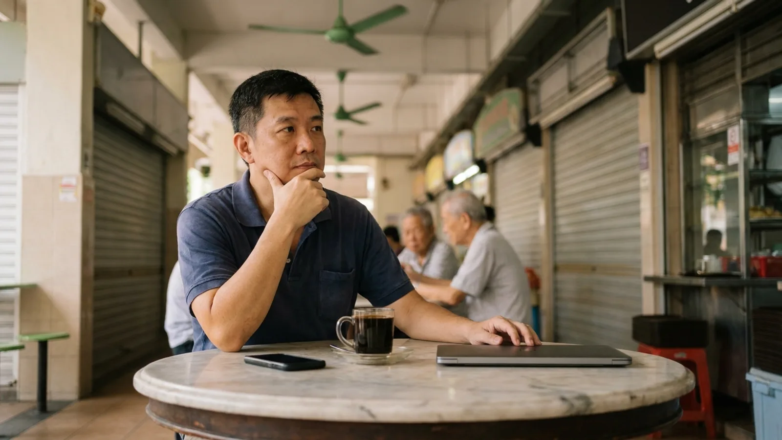Singapore business owner at a kopitiam table weighing up whether SEO is dead now that AI answers searches