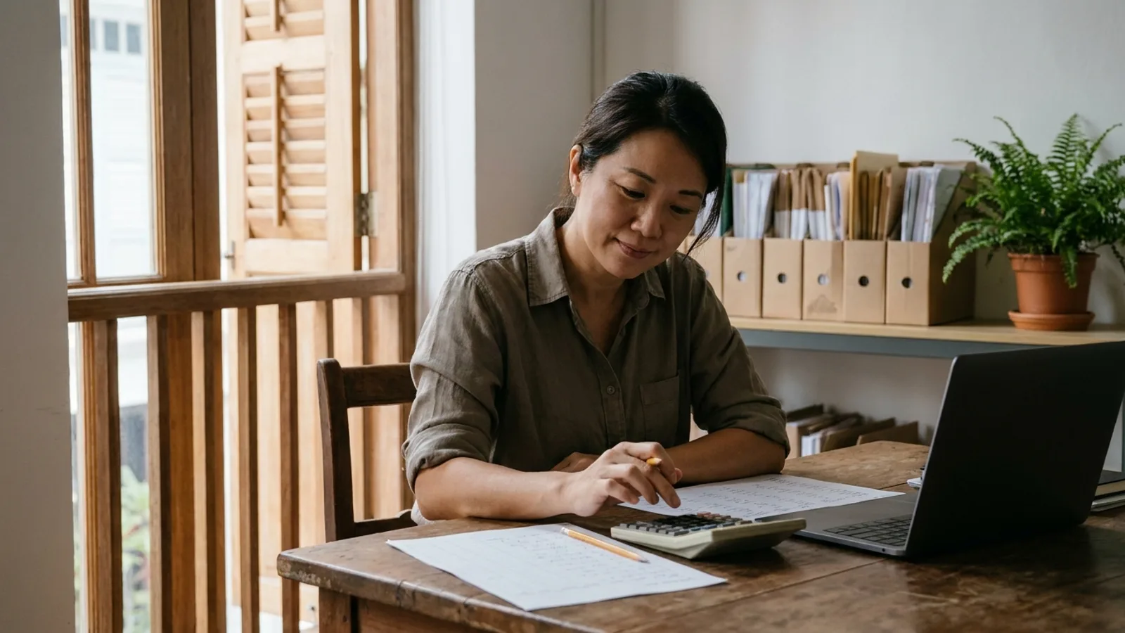 Accounting firm owner in a Singapore shophouse office working out whether SEO is worth it with a calculator